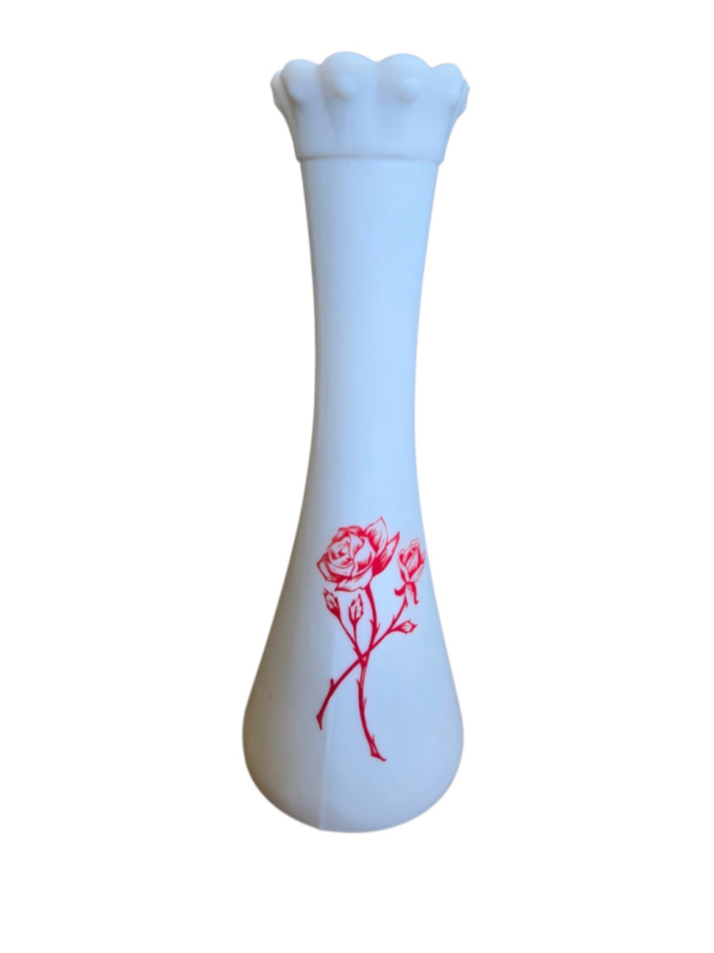 Vintage Hazel-Atlas Milk Glass Bud Vase with Red Roses – Ruffled Rim, c. 1950s